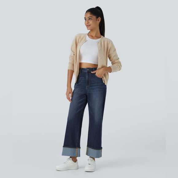 HALARA Flex High Waisted Rolled Hem Wide Leg Jeans In Distressed Denim Dark NWT - Picture 4 of 7